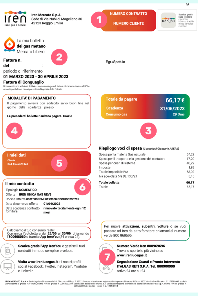 prima pagina della bolletta luce e gas di Iren