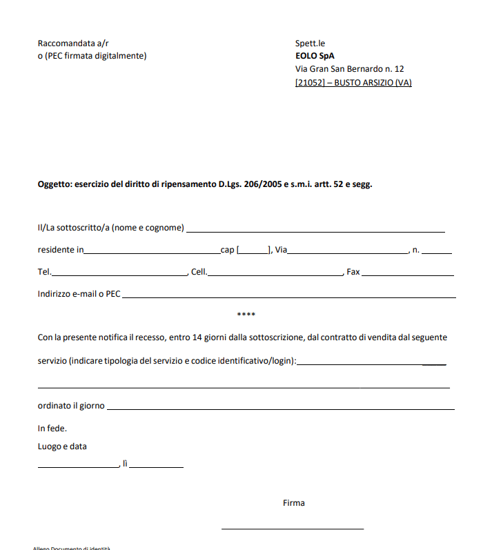 Modulo disdetta per ripensamento Eolo