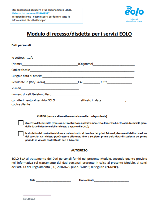 Modulo disdetta Eolo